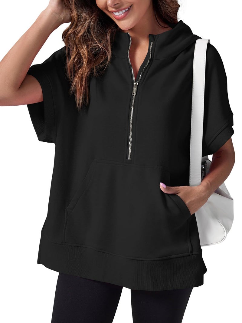 independent station women's summer zipper hooded pocket short sleeve T-shirt - Image 4