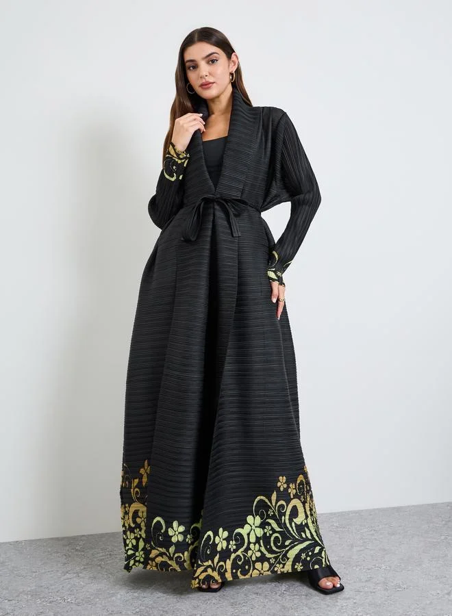 تايك تو Printed Textured Pleated Open Front Abaya