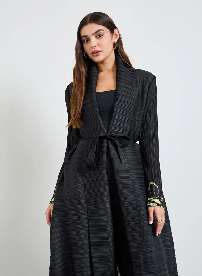 تايك تو Printed Textured Pleated Open Front Abaya