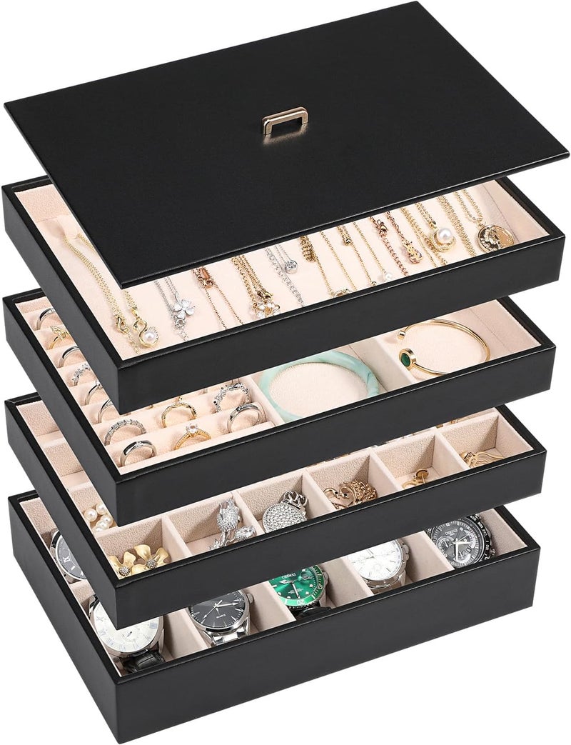 Voova Stackable Jewelry Organizer Tray Set of 4 - PU Leather Storage Holder for Earrings, Necklaces, Rings, Watches, and Bracelets - Black - Image 1