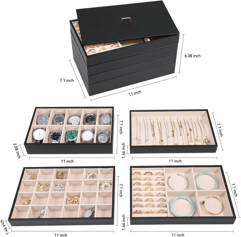 Voova Stackable Jewelry Organizer Tray Set of 4 - PU Leather Storage Holder for Earrings, Necklaces, Rings, Watches, and Bracelets - Black - Image 5
