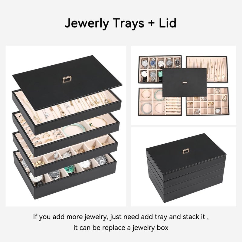 Voova Stackable Jewelry Organizer Tray Set of 4 - PU Leather Storage Holder for Earrings, Necklaces, Rings, Watches, and Bracelets - Black - Image 3