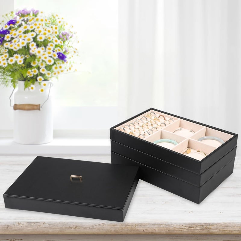 Voova Stackable Jewelry Organizer Tray Set of 4 - PU Leather Storage Holder for Earrings, Necklaces, Rings, Watches, and Bracelets - Black - Image 4