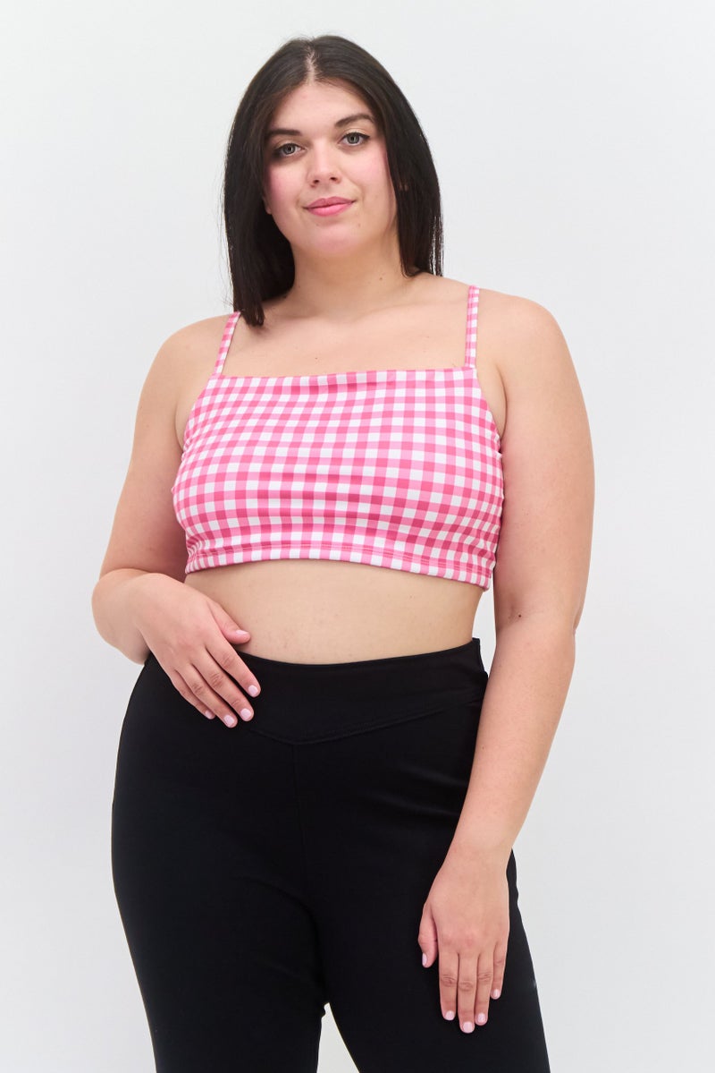 Daisy Street Women Plus Size Sqaure Neck Sleeveless Gingham Print Tank Top, Pink - Image 1