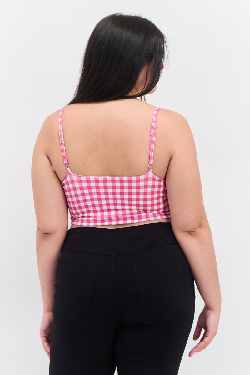 Daisy Street Women Plus Size Sqaure Neck Sleeveless Gingham Print Tank Top, Pink - Image 4