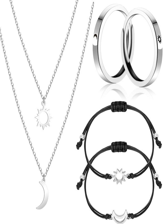 Bonuci 6 Pcs Best Friends Gifts Jewelry Set, Include BFF Necklace for 2 Matching Friendship Necklaces Sun and Moon Bracelets Adjustable Rings for Couples Best Friend - Image 1