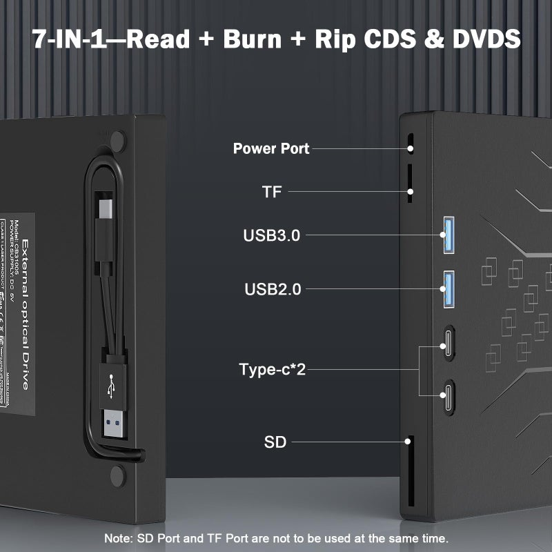Wbacon 7 in 1 External DVD Drive, External CD/DVD Drive for Laptop USB 3.0 & Type-C, Portable CD/DVD +/-RW Disk Drive, CD/DVD Burner CD ROM External Drive for Laptop Desktop PC Windows 10/11 XP Mac Linux - Image 3