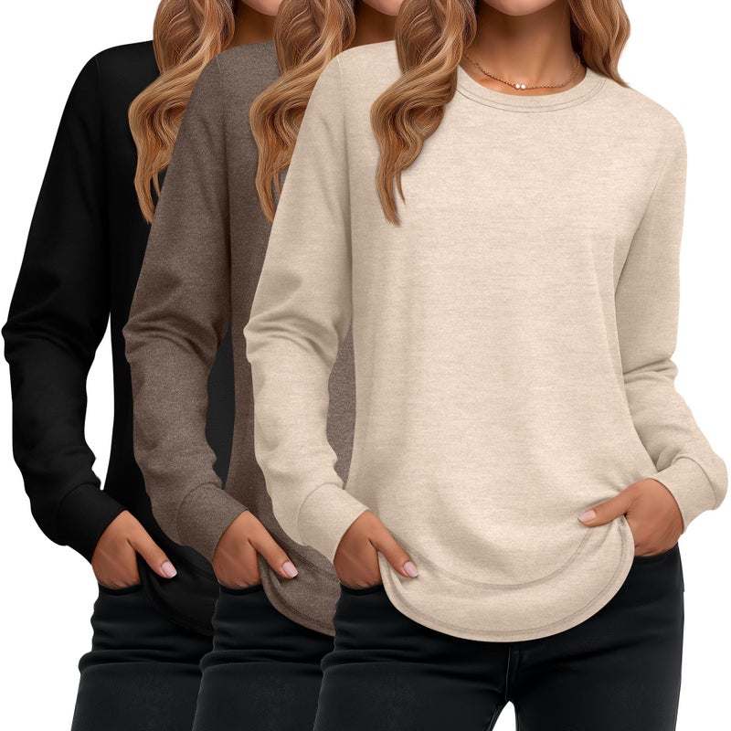 Ficerd 3 Pack Women's Long Sleeve Shirts, Cotton Crew Neck Tunic Tops Casual Loose Fit Pullover Sweatshirts Curved Hem Shirts(Black, Brown, Apricot,Medium) - Image 1
