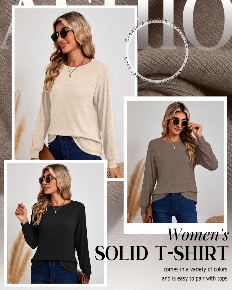 Ficerd 3 Pack Women's Long Sleeve Shirts, Cotton Crew Neck Tunic Tops Casual Loose Fit Pullover Sweatshirts Curved Hem Shirts(Black, Brown, Apricot,Medium) - Image 5