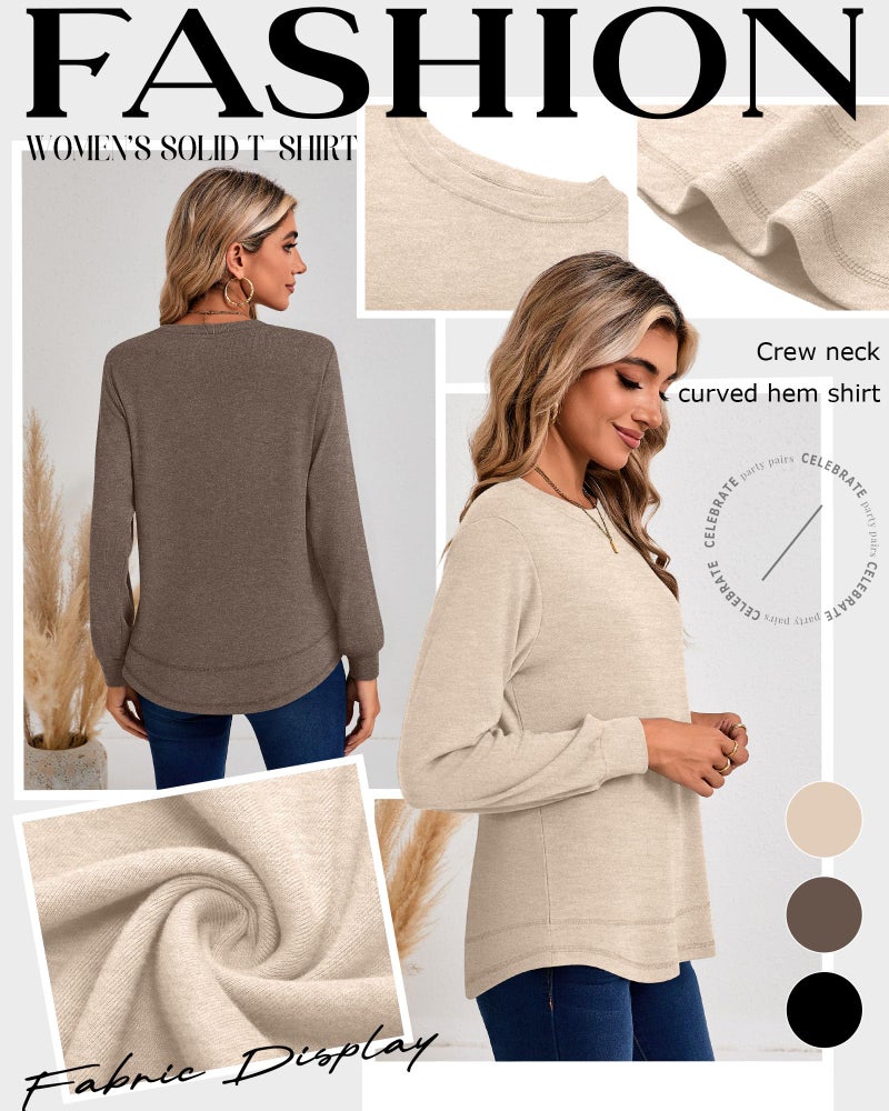 Ficerd 3 Pack Women's Long Sleeve Shirts, Cotton Crew Neck Tunic Tops Casual Loose Fit Pullover Sweatshirts Curved Hem Shirts(Black, Brown, Apricot,Medium) - Image 4