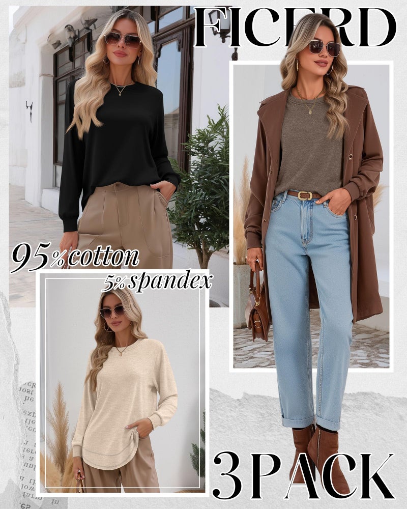 Ficerd 3 Pack Women's Long Sleeve Shirts, Cotton Crew Neck Tunic Tops Casual Loose Fit Pullover Sweatshirts Curved Hem Shirts(Black, Brown, Apricot,Medium) - Image 2