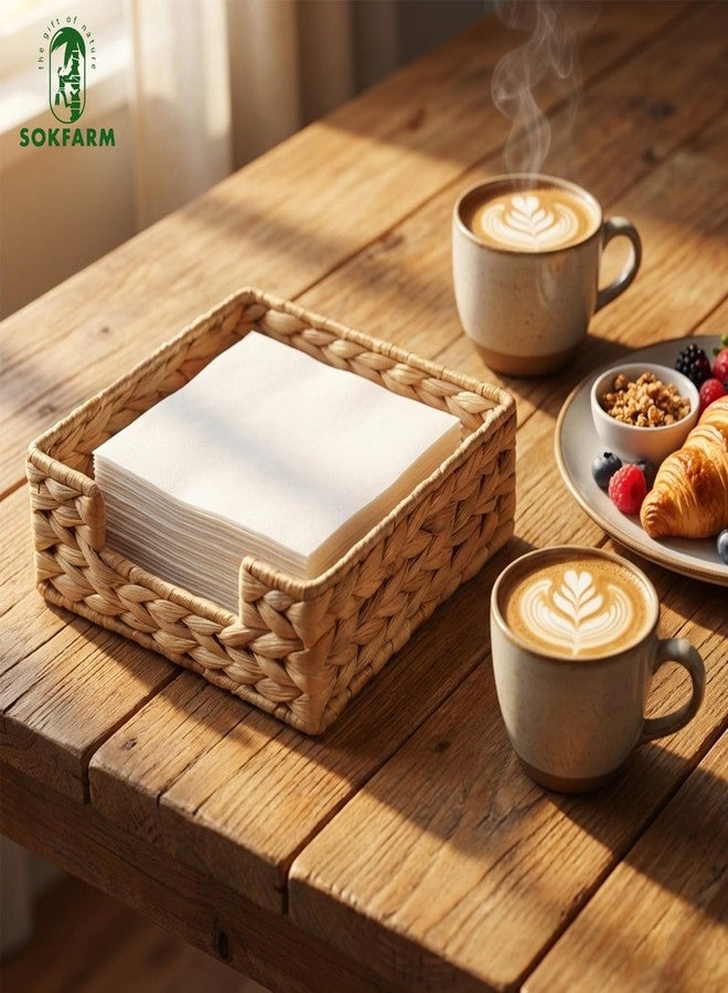 SOKFARM حامل مناديل من زهرة النيل - صينية مناديل مربعة من الخوص لطاولة الطعام، سطح المطبخ - ديكور ريفي بوهيمي - سلة مناشف للضيوف منسوجة يدويًا من الأعشاب البحرية (7 × 7 بوصة، طبيعي) - Image 3