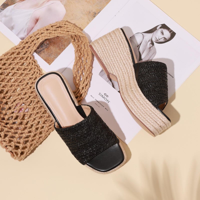 EQAUDES Platform Wedge Espadrille Sandals for Women Cute Summer Beach Sandal Woven Straw Raffia Sandals Black Comfortable Dressy Vacation Sandal - Image 2