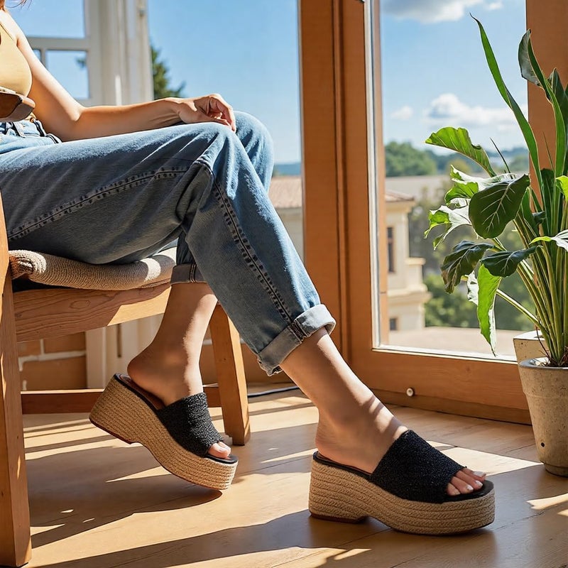 EQAUDES Platform Wedge Espadrille Sandals for Women Cute Summer Beach Sandal Woven Straw Raffia Sandals Black Comfortable Dressy Vacation Sandal - Image 3
