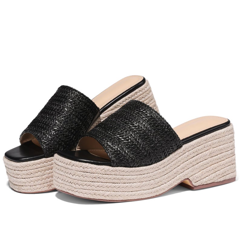 EQAUDES Platform Wedge Espadrille Sandals for Women Cute Summer Beach Sandal Woven Straw Raffia Sandals Black Comfortable Dressy Vacation Sandal - Image 1