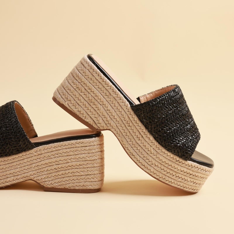 EQAUDES Platform Wedge Espadrille Sandals for Women Cute Summer Beach Sandal Woven Straw Raffia Sandals Black Comfortable Dressy Vacation Sandal - Image 4