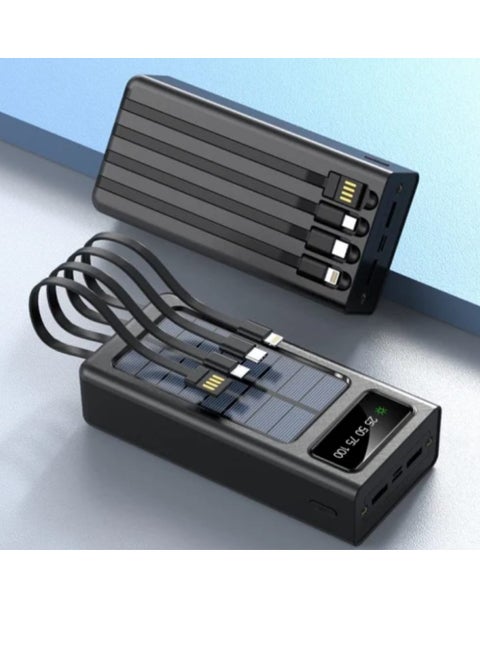 Power Bank with a Capacity Of 30000 mAh with 4 Built-in Cables and Digital Display Screen Solar Panel Charging Black