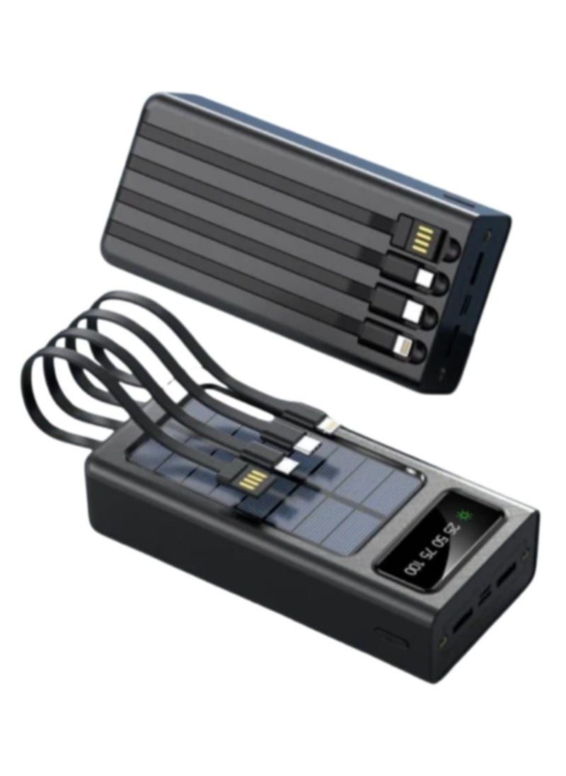Generic - Power Bank with a Capacity Of 30000 mAh with 4 Built-in Cables and Digital Display Screen Solar Panel Charging Black - Image 1