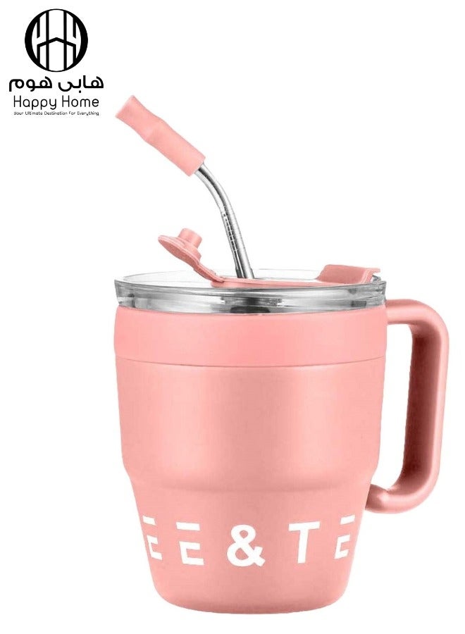 Happy Home Thermal Coffee Mug with Lid and Stainless Steel Straw 480ml Leakproof Thermal Bottle, Tea and Coffee Cup, Vacuum Flask, Insulated Mugs (Pink) - Image 1