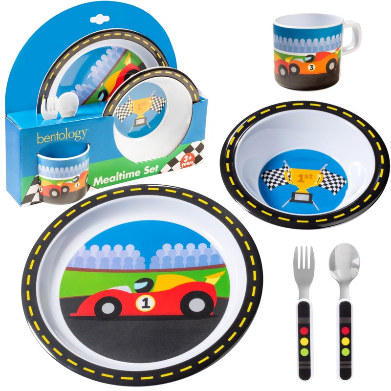 Bentology 5 Pc Mealtime Set for Kids Racecar ThemeIncludes Raised Edge Plate Bowl Cup Metal Fork SpoonDishwasher Safe BPA Free Cute Dish Easy SelfFeeding Valentines Day Gift for Toddlers