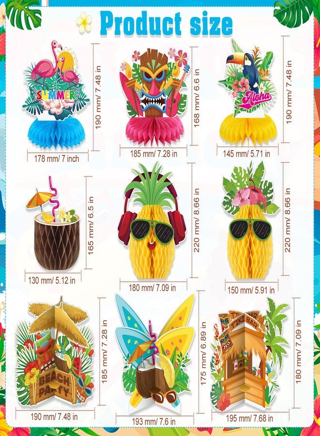 هواف 9 قطع من قطع مركزية على شكل قرص العسل من هاواي لوآو، ديكور قرص العسل ثلاثي الأبعاد على شكل أناناس، ديكورات طاولة لوآو استوائية صيفية لحفلات أعياد الميلاد وحفلات الزفاف وحفلات حمام السباحة على الوجهين - Image 2