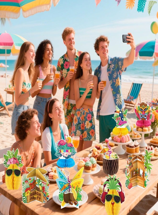 هواف 9 قطع من قطع مركزية على شكل قرص العسل من هاواي لوآو، ديكور قرص العسل ثلاثي الأبعاد على شكل أناناس، ديكورات طاولة لوآو استوائية صيفية لحفلات أعياد الميلاد وحفلات الزفاف وحفلات حمام السباحة على الوجهين - Image 5