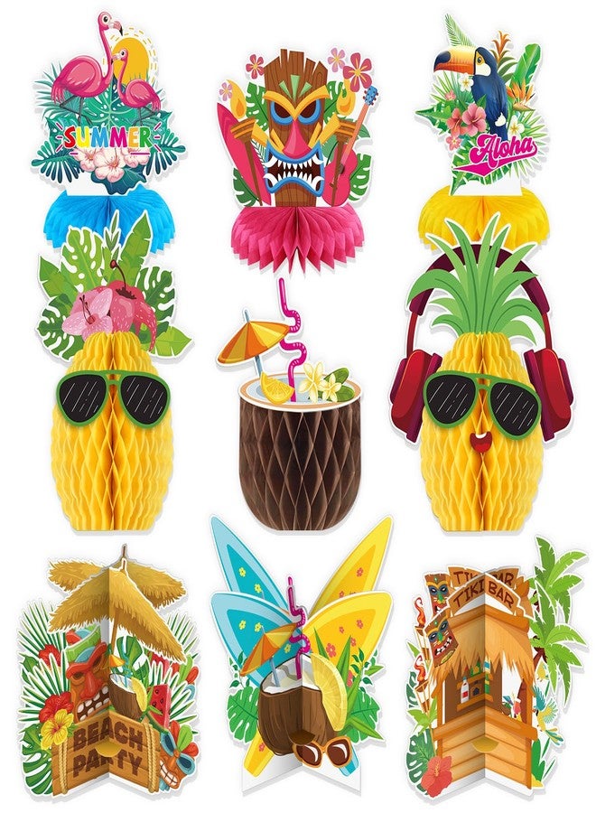 هواف 9 قطع من قطع مركزية على شكل قرص العسل من هاواي لوآو، ديكور قرص العسل ثلاثي الأبعاد على شكل أناناس، ديكورات طاولة لوآو استوائية صيفية لحفلات أعياد الميلاد وحفلات الزفاف وحفلات حمام السباحة على الوجهين - Image 1