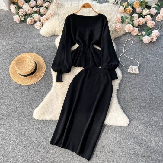 Autumn and Winter New French Style Socialite Knitted suit Ruffled Lantern Long-sleeved Top Hip Skirt Two-piece Set for Women Khaki - Image 2