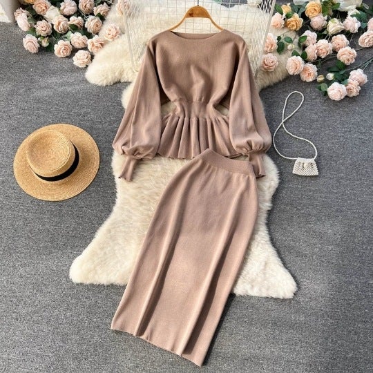 Autumn and Winter New French Style Socialite Knitted suit Ruffled Lantern Long-sleeved Top Hip Skirt Two-piece Set for Women Khaki - Image 1