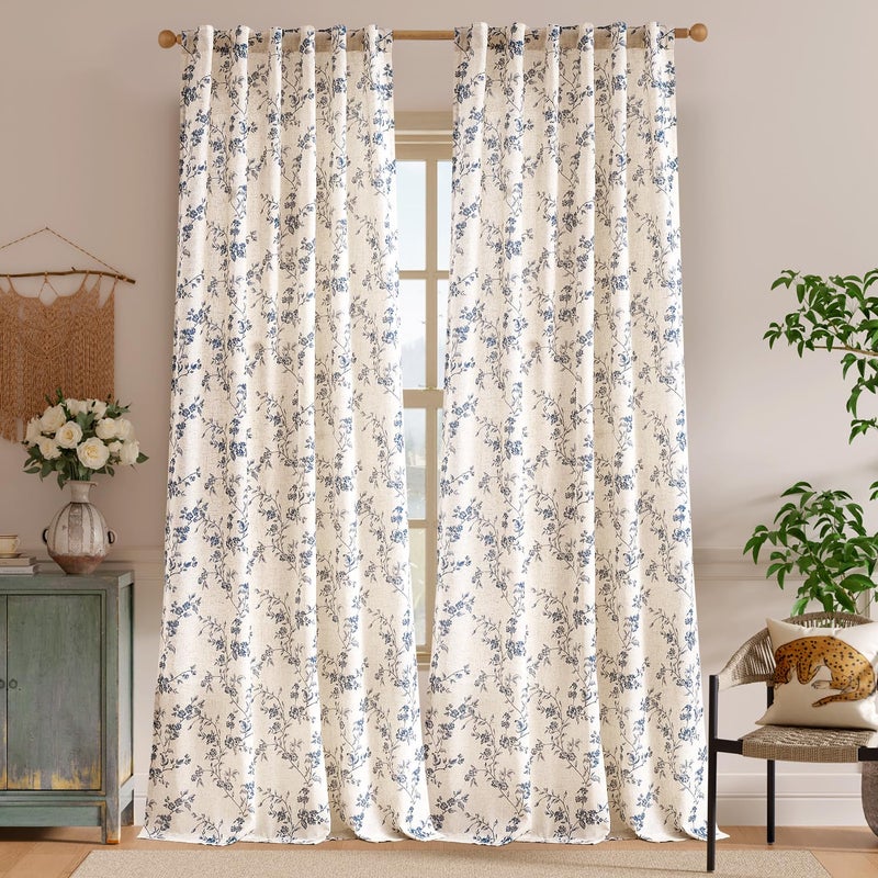 Lazzzy 90 Inch Length Curtain for Living Room Bedroom Blue Floral Drapes Linen Farmhouse Vintage Light Filtering Curtains Rod Pocket Back Tab, 2 Panels, Blue on Beige - Image 2