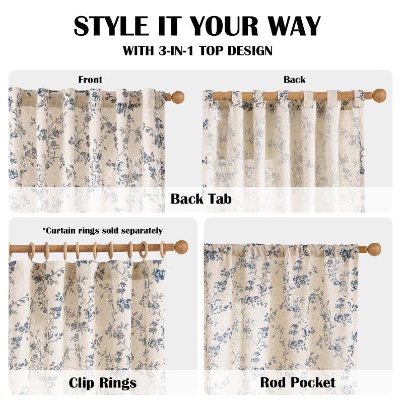 Lazzzy 90 Inch Length Curtain for Living Room Bedroom Blue Floral Drapes Linen Farmhouse Vintage Light Filtering Curtains Rod Pocket Back Tab, 2 Panels, Blue on Beige - Image 5