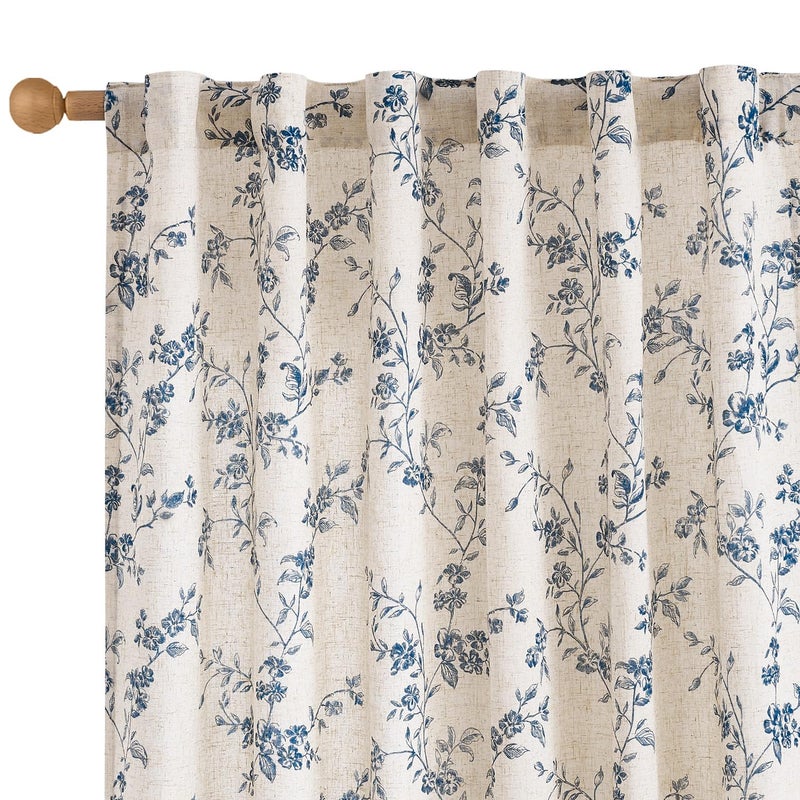 Lazzzy 90 Inch Length Curtain for Living Room Bedroom Blue Floral Drapes Linen Farmhouse Vintage Light Filtering Curtains Rod Pocket Back Tab, 2 Panels, Blue on Beige - Image 1