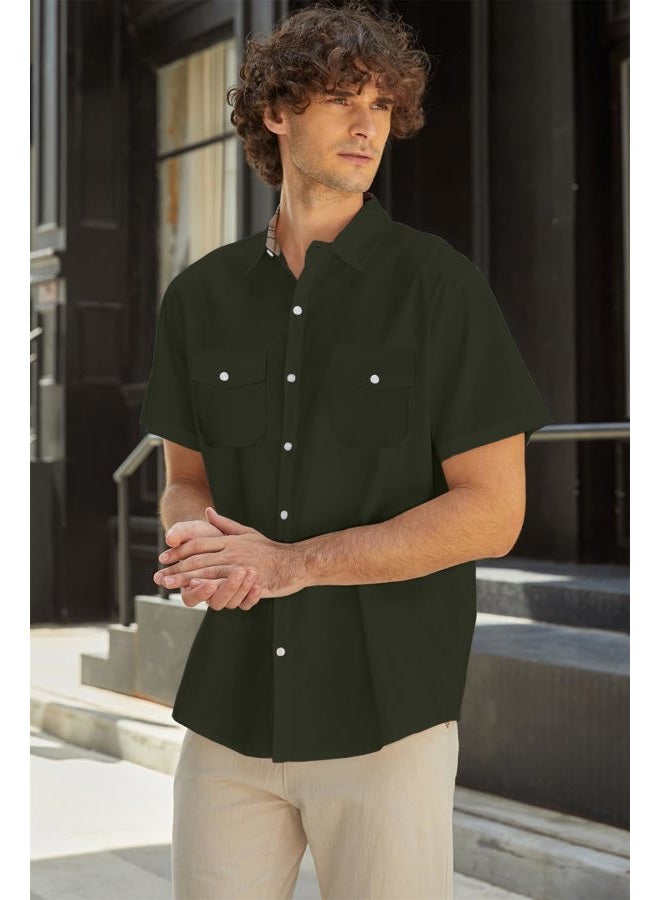 SANGTREE Kids Boys Short Sleeve Dress Shirts Summer Button Down Shirt with Plaid Collar Green, 12-18 Months = Tag 80 - Image 3