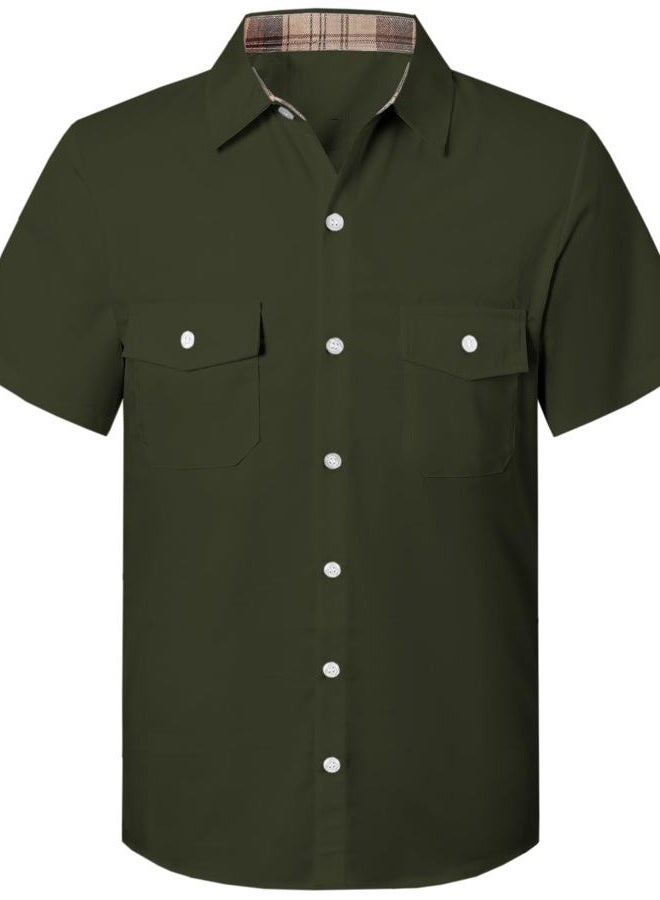 SANGTREE Kids Boys Short Sleeve Dress Shirts Summer Button Down Shirt with Plaid Collar Green, 12-18 Months = Tag 80 - Image 1