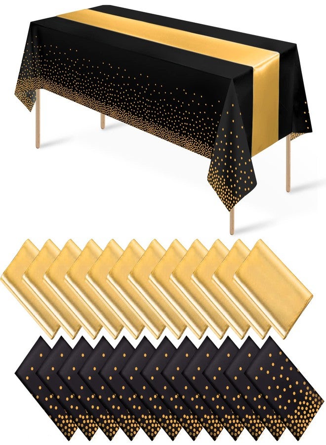 MASHAN 24Pack Disposable Plastic Tablecloths and Satin Table Runner Set Black Gold Dot Table Cloth Gold Satin Table Runner for Graduation Wedding Birthday Baby Shower Anniversary Holiday Party Decorations - Image 1