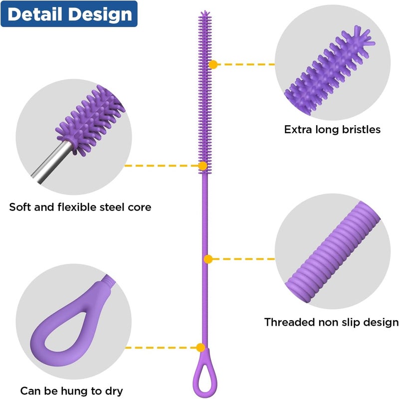 YOTIME Silicone Straw Cleaner Brush, 2Pcs Reusable Straw Brush Extra Long for Cleaning Tumbler with Handle and Glass Metal Smoothie Straws, Non-slip Handle Soft and Bendable, 6mm+9mm, Purple - Image 3