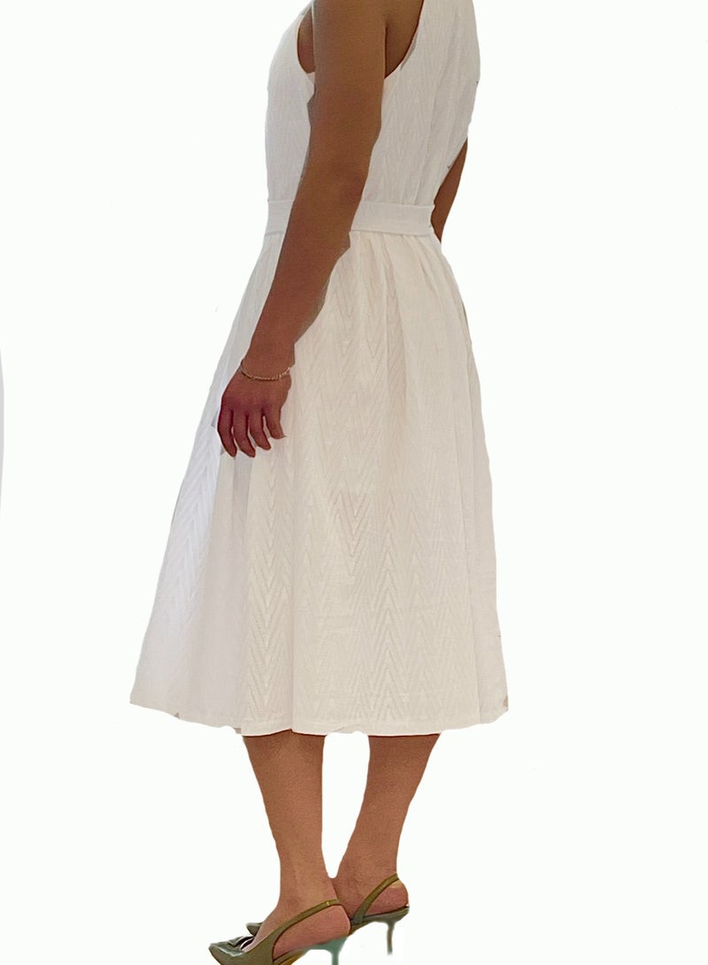 SOLOBUY Cotton Embroidered Dress, Open Shoulders, Belted, Knee Length, Flared Skirt, White - Image 5