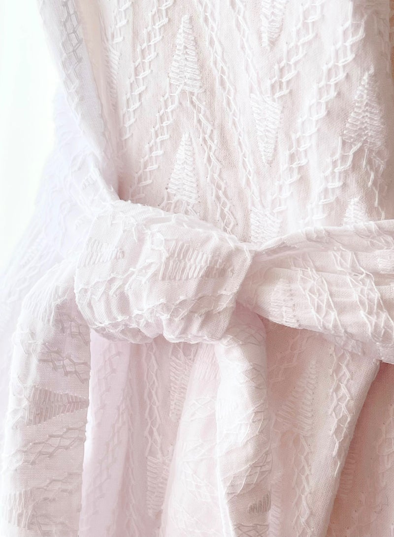SOLOBUY Cotton Embroidered Dress, Open Shoulders, Belted, Knee Length, Flared Skirt, White - Image 4