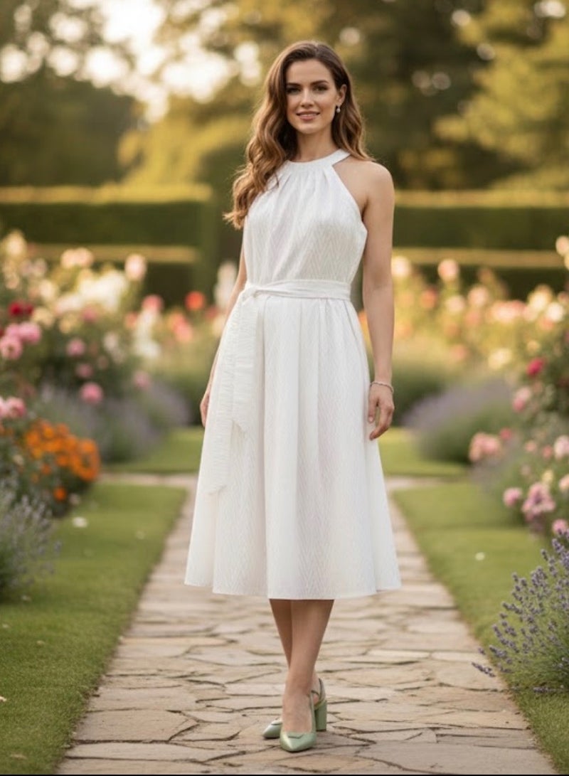 SOLOBUY Cotton Embroidered Dress, Open Shoulders, Belted, Knee Length, Flared Skirt, White - Image 1