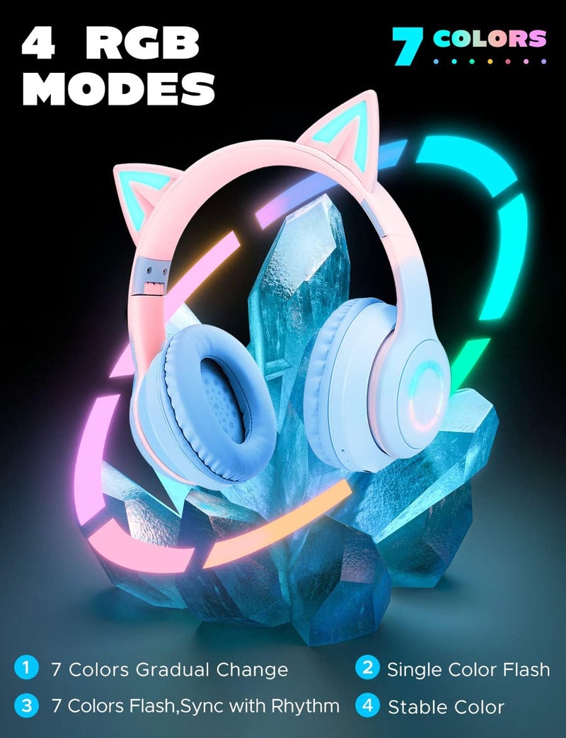جي واي بي اس سماعات اللاسلكية للأطفال للبنات، سماعات بلوتوث للأطفال على شكل أذن قطة مع إضاءة LED، سماعات فوق الأذن قابلة للتعديل مع ميكروفون للمراهقين/النساء البالغات/الجهاز اللوحي/آيباد/الكمبيوتر الشخصي، باللون الوردي والأزرق. - Image 2