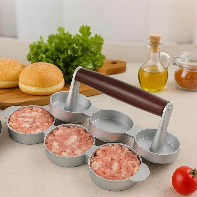 Burger Patty Press With Three Slots, Red Beech Wood Handle, Perfect For Home Kitchens, Camping, And Picnics - Image 4