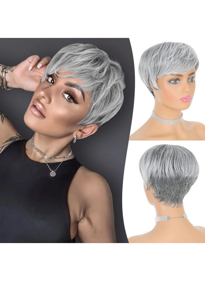 FESHFEN - Pixie Cut Wigs Synthetic Short Ombre Gray Pixie Haircut Wig With Bangs Glueless Layered Wig Wavy Grey To Black Wigs For Women - Image 1