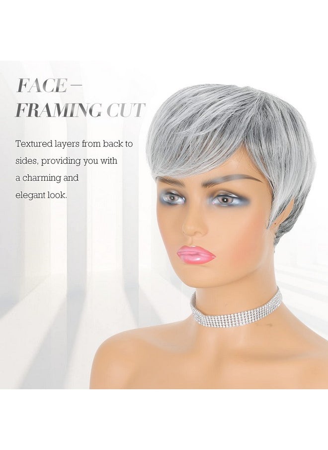 FESHFEN - Pixie Cut Wigs Synthetic Short Ombre Gray Pixie Haircut Wig With Bangs Glueless Layered Wig Wavy Grey To Black Wigs For Women - Image 1