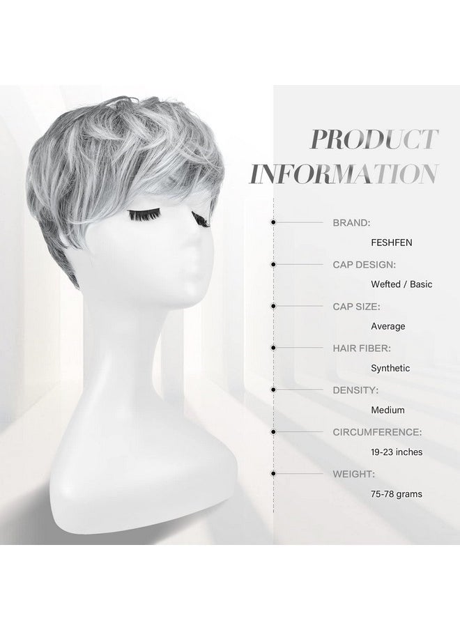 FESHFEN - Pixie Cut Wigs Synthetic Short Ombre Gray Pixie Haircut Wig With Bangs Glueless Layered Wig Wavy Grey To Black Wigs For Women - Image 1