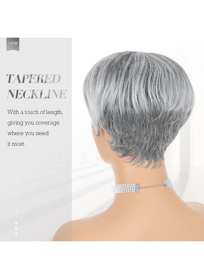 FESHFEN - Pixie Cut Wigs Synthetic Short Ombre Gray Pixie Haircut Wig With Bangs Glueless Layered Wig Wavy Grey To Black Wigs For Women - Image 1
