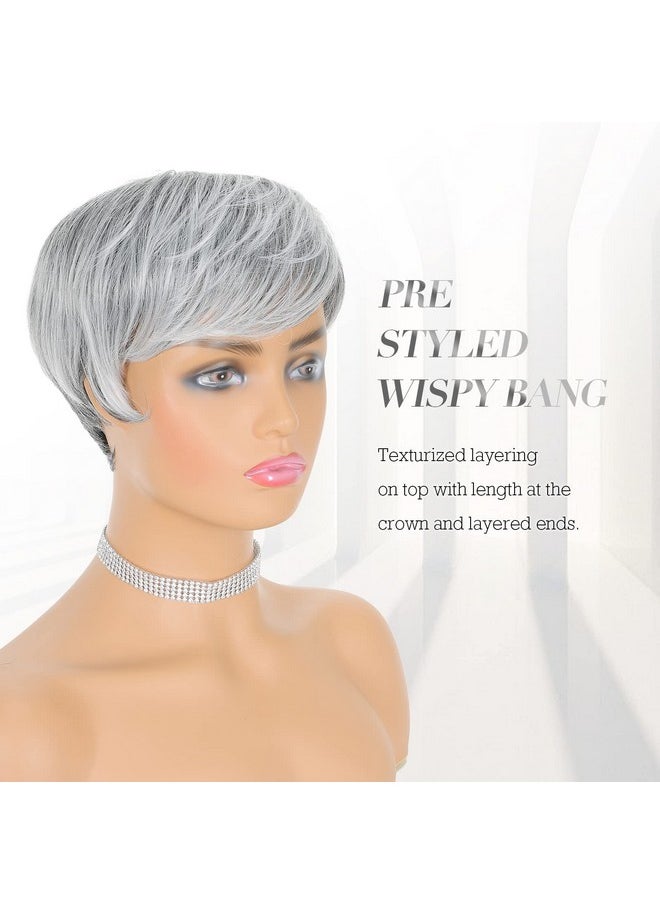 FESHFEN - Pixie Cut Wigs Synthetic Short Ombre Gray Pixie Haircut Wig With Bangs Glueless Layered Wig Wavy Grey To Black Wigs For Women - Image 1