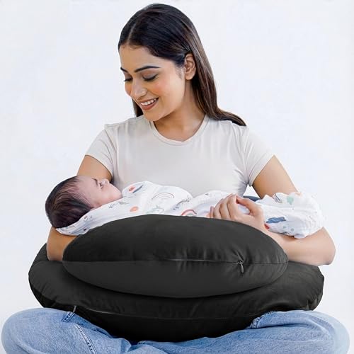Cherilo Nursing Pillow for Breastfeeding, Plus Size Breast Feeding Pillow with Security Fence Design for Extra Baby Support, Adjustable Waist Strap | Removable Premium Velvet Cover | Black - Image 1