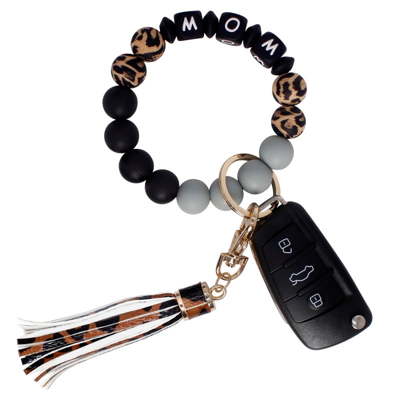 BIHRTC Wrist Car Key Rings with Tassel Bracelet / Bangle MOM Letter Silicone Beaded Keychain Wristlet Mother's Day Wallet Leopard Card Holder for Women Girl - Image 1