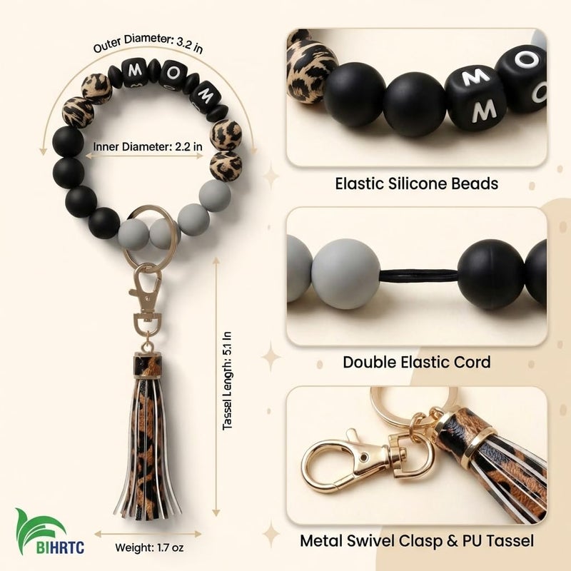 BIHRTC Wrist Car Key Rings with Tassel Bracelet / Bangle MOM Letter Silicone Beaded Keychain Wristlet Mother's Day Wallet Leopard Card Holder for Women Girl - Image 2