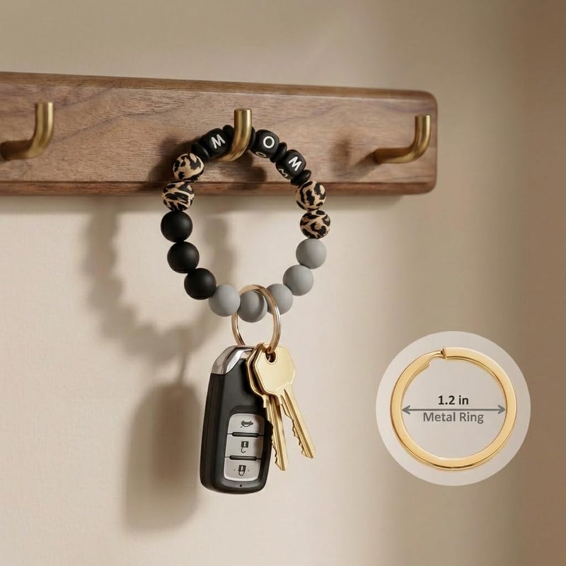 BIHRTC Wrist Car Key Rings with Tassel Bracelet / Bangle MOM Letter Silicone Beaded Keychain Wristlet Mother's Day Wallet Leopard Card Holder for Women Girl - Image 3